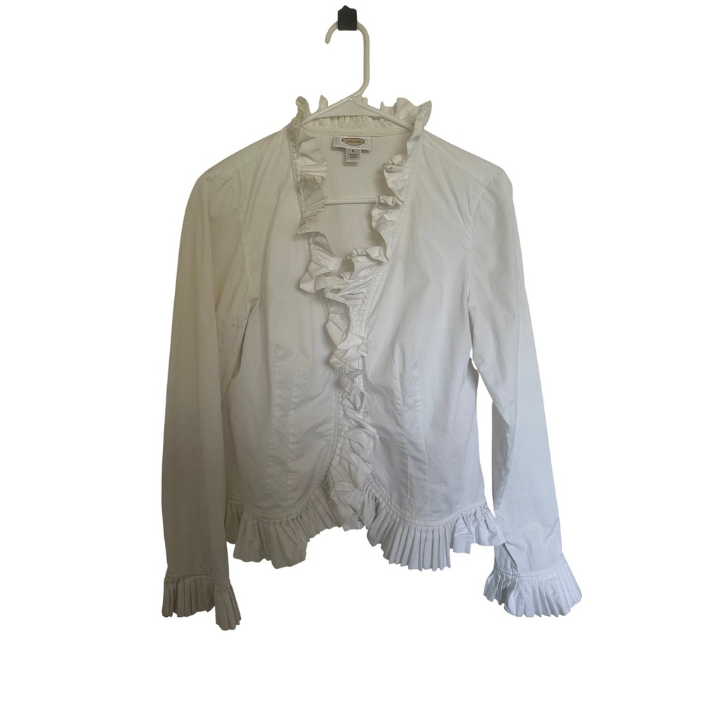 Vintage Talbots White Ruffle Trim Cotton Jacket Blouse Long Sleeve Size 8